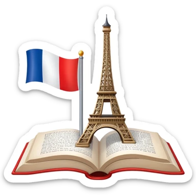 An icon featuring the Eiffel Tower and the flag of France, symbolizing the French language. The design includes an open book with French text, representing language learning and French culture. Transparent background highlights the elegance of the French-speaking world. sticker