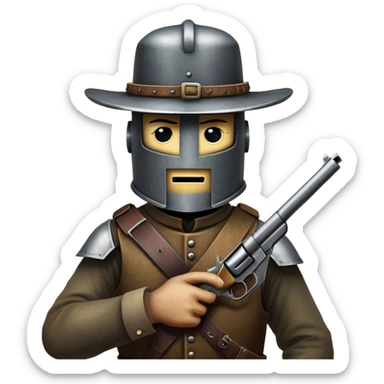 Cinematic Realistic Ned Kelly Portrait Emoji, depicted as the legendary Australian bushranger in his iconic homemade iron helmet and armor, gripping a revolver with a defiant stance. The scene is rendered with gritty textures and dramatic, shadowed lighting, evoking the lawless frontier and his rebellious, fearless legacy. sticker