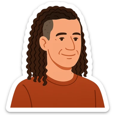 flat toon style white man in his 40s with long tight curly hair and short sides sticker