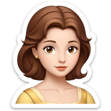 Cinematic Timeless Belle Portrait Emoji, rendered in a clean, vector style. Depict Belle with fair, luminous skin, beautifully arranged brown hair, and a serene, graceful expression, dressed in her classic attire. The design features bold, simplified shapes, a soft, enchanting glow, and a subtle glowing outline, capturing the essence of pure, timeless beauty. sticker