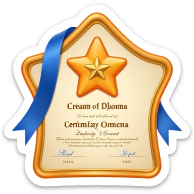 Create a glossy 3D certificate emoji with a cream diploma, rounded corners, a blue ribbon seal, orange tails, and an embossed star. sticker