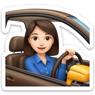 Brunette woman driving car like crazy. New car. Happy face confidence  sticker