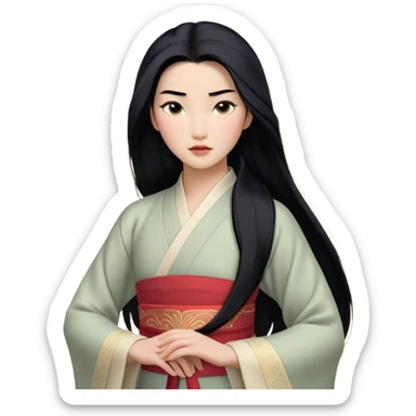 Cinematic Realistic Mulan Portrait, depicted with lifelike skin texture, soft natural lighting, and intricately detailed long black hair styled elegantly. Her deep, expressive eyes exude determination and grace, complemented by a serene yet confident expression. She is dressed in her classic attire, with rich fabric textures and delicate folds that catch the light beautifully. The portrait features a soft, enchanting glow with a natural, radiant finish, capturing the essence of timeless strength and beauty in a realistic and painterly style, evoking a sense of depth and authenticity. sticker