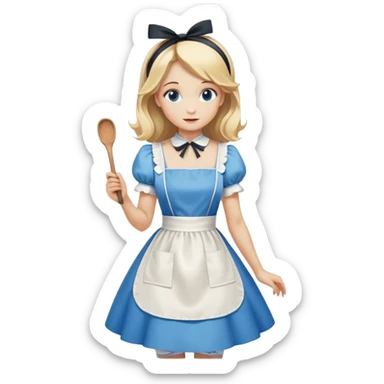 Disney's Alice in Wonderland curtseying in her blue dress with white apron, blonde hair with headband sticker