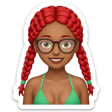 Dark Tan girl with two long red plaits and red rimmed  glasses, green bikini top,  head neck and shoulder shot only sticker