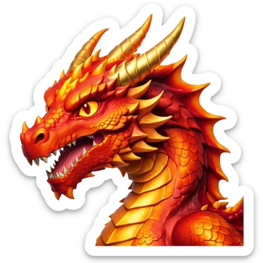 Cinematic Noble Fierce Fire Dragon Portrait Emoji, Poised and imposing, with a muscular, scaled body ablaze in fiery hues of crimson, molten orange, and molten gold, and intense, burning eyes that mirror the heart of a volcano; rendered with lifelike texture and dynamic natural highlights, high shine, formidable and intense, styled with an aura of scorching mythic power, focused and resolute, soft glowing outline, capturing the essence of a legendary inferno poised to ignite the screen with timeless ferocity! sticker