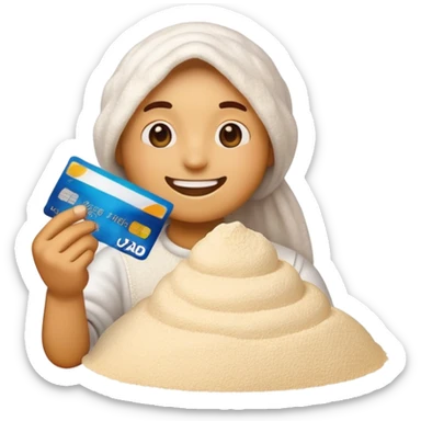Happy emoji with a credits card in hand and a pile of flour  sticker