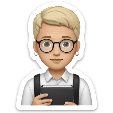 A man in his 20s wearing an apnotebook, wearing radio earrings, round glasses, achromatic clothes sticker