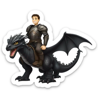 Confident armored White Man with dark brown hair and a short beard riding on the back of a giant armored black dragon sticker