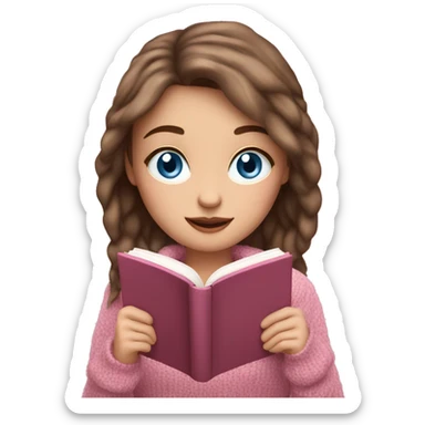 Pretty white girl with BLUE eyes and brown hair in pink cozy sweater reading book sticker