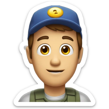 Guy with brown hair and short, eyes with a cap that is inside a circle window that try to exit with a hand on the top of cornice sticker