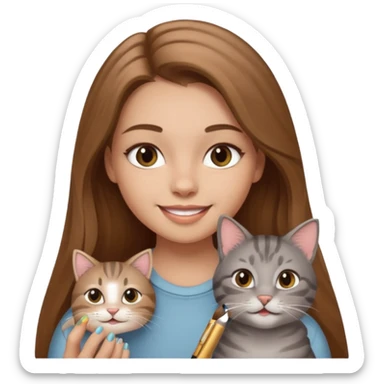 A image of a girl with light long brown hair doing her makeup with her grey tabby cat. She is smiling sticker