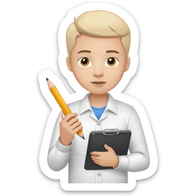 intern or volunteer holding a clipboard and pencil, ready to take notes or assist. The character wears a simple shirt and has an eager posture sticker