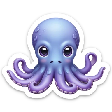 Cinematic Cute Shy Baby Octopus Portrait Emoji, Tentacles tucked slightly inward in an adorably bashful pose, featuring a softly glowing, round light blue-purple body with enormous, soulful eyes peering out timidly, Simplified yet irresistibly adorable features, highly detailed, glowing with a delicate, soothing marine radiance, high shine, quiet yet expressive, stylized with an air of gentle mystery, soft glowing outline, capturing the essence of a tiny, shy deep-sea creature that seems as if it could slowly peek out and explore the world with cautious curiosity! sticker