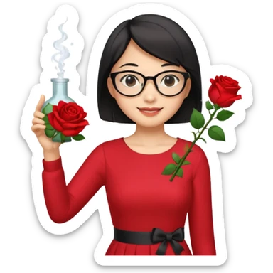 female asian chemistry teacher wearing glasses holdin a flask pointing right with straight short hair to her shoulders wearing a red dress with roses on it and black hair and make the glasses more retangle and make her hold a flash with one hand and with the other point right and make her smile sticker