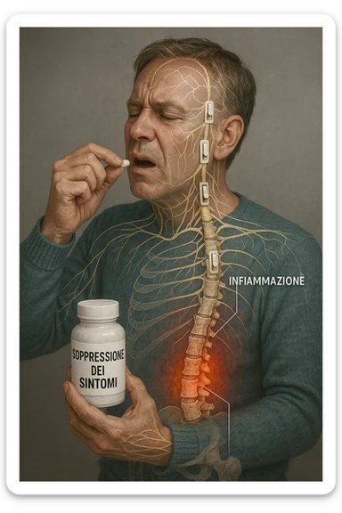 Realistica Man taking pain medication for chronic back pain, pills shown as dimmer switches turning down pain signals in transparent nervous system overlay, underlying spinal damage remaining completely untreated and worsening, expression of temporary relief masking progressive deterioration, medication bottle labeled 'symptom suppression' not 'cure', root cause inflammation continuing to spread in italiano sticker