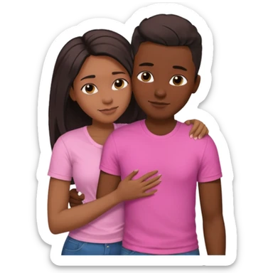Black lesbian couple with one dark skin masculine with short hair low cut fade with a t shirt and one feminine with very long hair in a pink blouse hugging  sticker