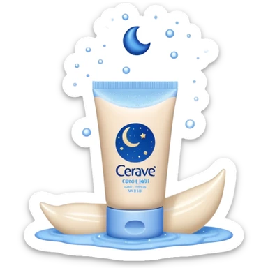 Small white CeraVe tube with blue label soft beige tip, with gentle light. Surrounded by tiny floating tear-shaped sparkles and crescent moon dust, hinting at dark circle repair. Emits a soothing blue-beige aura like a targeted eye revival spell. Compact, calming, and luminous — emoji-style. sticker