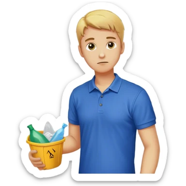 Guy in a blue polo shirt, picking up trash in a parking lot sticker