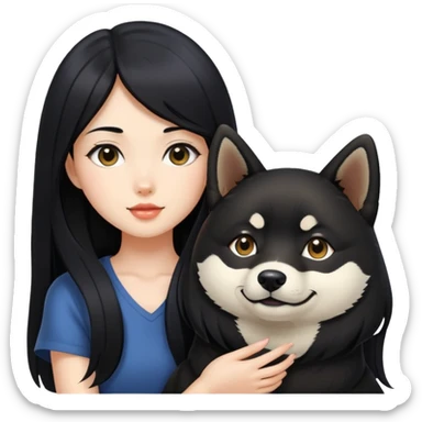 A beautiful girl with long black hair holding a black Shiba Inu sticker