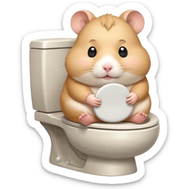 Cute chubby cartoon-style hamster sitting on toilet looking as if he had an accident, sticker-style illustration sticker
