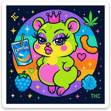 Vibrant square Discord server icon featuring a thicc, cute alien hamster girl with big lashes, pouty lips, bratty attitude, lime green or pastel pink fur, tiny hot pink crown, sparkly eyes. She is floating in space or in front of a colorful vaporwave-inspired backdrop. Surround her with nostalgic snacks like Capri Sun, cheese puff, glowing blue raspberry. Add playful elements such as sparkles, webcore pixels, neon hearts, weed leaf, and a subtle 'THC' logo in the background. Bright pastel or neon tones with Y2K, Lisa Frank, and Tumblr 2012 energy. The style is playful, bratty, chaotic but polished. No text. Designed to look good in a circle crop. sticker