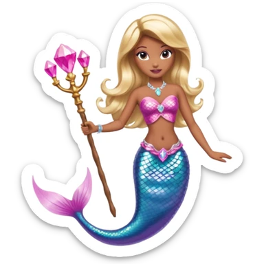 Brown skin blonde hair barbie mermaid with pink diamond tail and wand  sticker