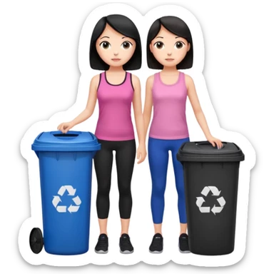 generate a genmoji of a black haired girl in a pink tank top and black leggings holding a black trash bag. Standing with her is a brunette girl in a similar blue tank top and black leggings.
Standing in front of a dustbin sticker