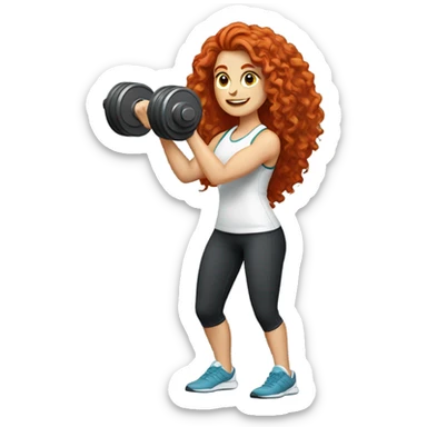 Sporty white Girl coach with long curly red hair doing leg exercice with heavy weights sticker