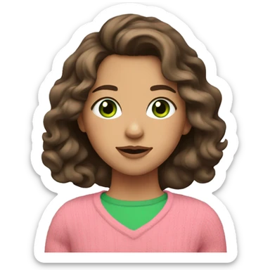 Brunette girl with wavy hair and green eyes and pink sweater sticker