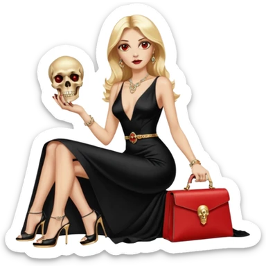 Lilith symbol red eye seductress  length blonde haired powerful woman with Gucci, and Hermes bags next to her. Wearing long dress with slit, sitting on of gold and diamonds. Black Platform high heels on feet. seat stacked with designer bags,  dead human skull of her enemies in her other hand sticker