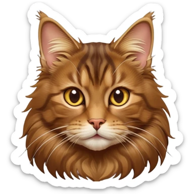 cinematic-cute brown-maine-coon-cat-portrait-emoji,-head-tilted-playfully-and-inquisitively,-sleek--brown-and-gold-tones-with-hints-of-deep-auburn-fur,-simplified-yet-adorable-features,-highly-detailed,-glowing-with-a-warm,-friendly-glow  sticker