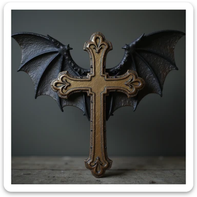 realistic gothic cross, with bat wings, photorealistic style sticker