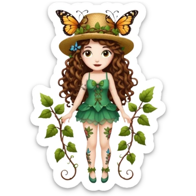 full body woman long curly brown hair brown eyes white skin tattoos wearing butterfly hat and glowing vine stockings sticker