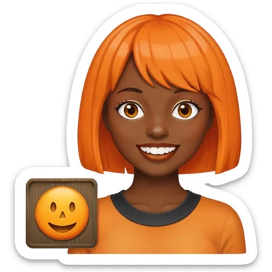 dark skinned Black woman with orange bob wig like Chucky's hair, visible plaque on her teeth sticker