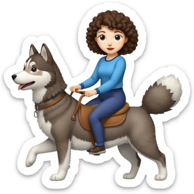 cute woman short tight curly brown hair riding big husky dog sticker