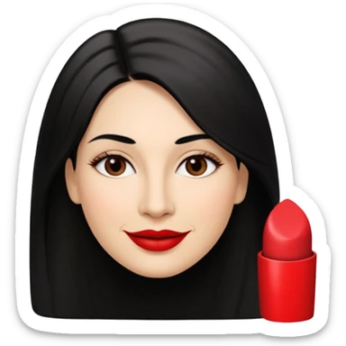 Mulher, 40 anos, pele: Morena clara, rosto: Oval, Cabelos: Lisos, longos, cor preta, repartidos para o lado direito, Olhos: Castanho-escuros, espaçamento normal, Nariz: Tamanho médio, ponte reta, narinas discretas, Boca: Lábios médios, bem definidos, com batom vermelho marcante e sorrindo  sticker