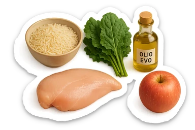 Riso basmati
Petto di pollo
Verdura fibrosa verde
Olio EVO
Mela
poggiati sul tavolo sticker