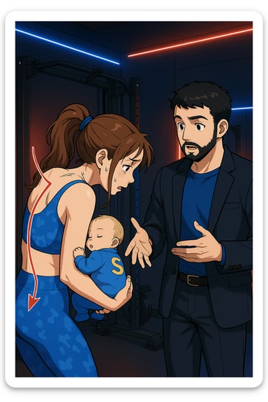 ispirati a questo stile di disegno e fai questa immagine in versione manga/webtoon a colori, il manga mostra la donna preoccupata di profilo con la postura sbagliata e incurvata, spalle chiuse e curve in avanti, con un neonato in braccio con una tutina azzurra e la scritta "S" sulla schiena, spina dorsale storta della donna in evidenza mentre ascolta l'uomo mentre l'uomo gli sta spiegando una cosa, ma non fare i fumetti, fai come se stessero parlando sticker