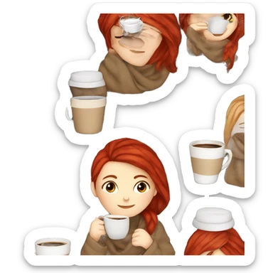 white girl red hair wrapped in cozy plaid blanket drinking a coffee sticker