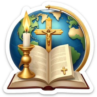 An icon featuring a holy book, a candle, and a cross, symbolizing religious studies. The design includes a globe with various religious symbols like a crescent moon and a star, representing the diversity of beliefs. Transparent background highlights the exploration of world religions sticker