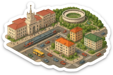 Изометричная миниатюрная фотореалистичная 3D модель панорамы Краснодара - вокзал Краснодар, КубГМУ, парк Краснодар со стадионом, краснодарские дома, автотранспорт четкие линии, яркие цвета, мультяшный реализм, люди, автотранспорт, компактная композиция, вид сверху в изометрии, прозрачный фон sticker