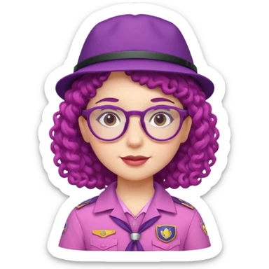 scout girl with very pink scout uniform including hat, dark violet curly haired and glassess sticker