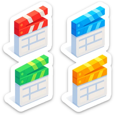 isometric view group of movie clapperboards in voxel style, white bodies with each lid a different bright color sticker