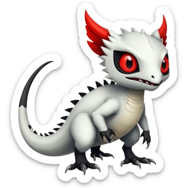 a white exotic edgy vernid-fionbr-Fakémon-creature, with black belly and red eyes, full body sticker