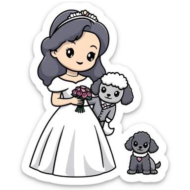 A beautiful girl with long black hair in a wedding dress holds a small gray poodle sticker