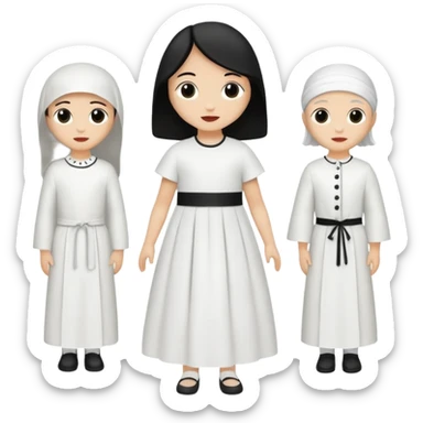 vull un perosnatge estil bimoji que sigui com una nimfa bella i fantasmal amb túniques blanques. Té la pell literalments blanca com el guix, cabell platejat, un nas llarg, ulls negres grans i llavis carmesí. que estigui somrient sense arrecades i roba vermella i blanca sticker