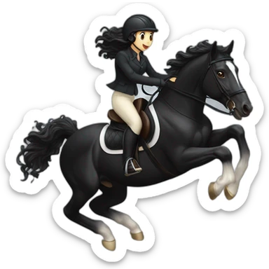 a  JET BLACK HORSE JUMPING AN OBTACLE, tHE HORSES RIDER IS A YOUNG FEMALE WITH LONG CURLY BRUNNET HAIR sticker