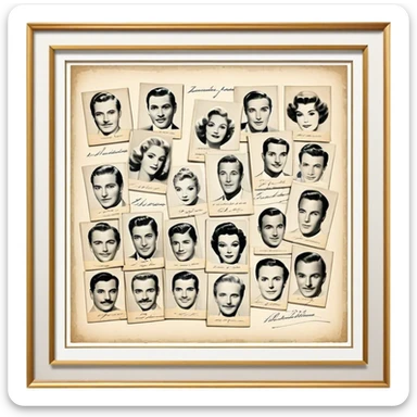 Icon for Autograph Collecting: several vintage framed with signatures of famous celebrities sheets stacked one on top of the other, each . The icon should evoke the charm and history of collecting autographs. Transparent background. sticker