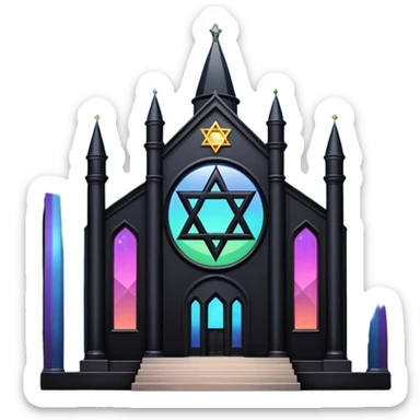 jewish synagogue temple in dark goth aesthetic style with black building and light rainbow tint glass windows and star of david and celestial symbolism sticker